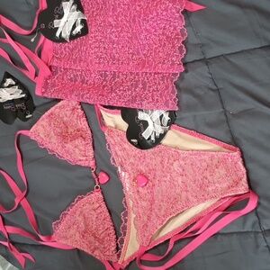 Beach Bunny NWT Pink Lace Tan X SM Top Lg Bottom W Cover-up